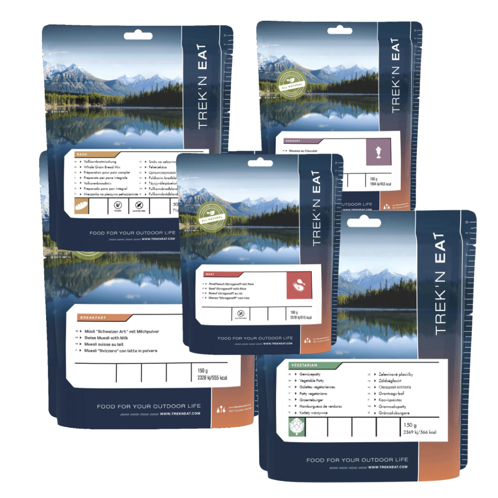 Pack de Refei&ccedil;&otilde;es Liofilizadas Trek&rsquo;n Eat Summit Gecko Pequeno-almo&ccedil;o liofilizado Trek&rsquo;n Eat Muesli su&iacute;&ccedil;o com leite 150 g Trek&rsquo;n Eat Stroganoff com arroz Trek&rsquo;n Eat Hamburger Vegetariano Trek&rsquo;n Eat Mousse de chocolate liofilizado