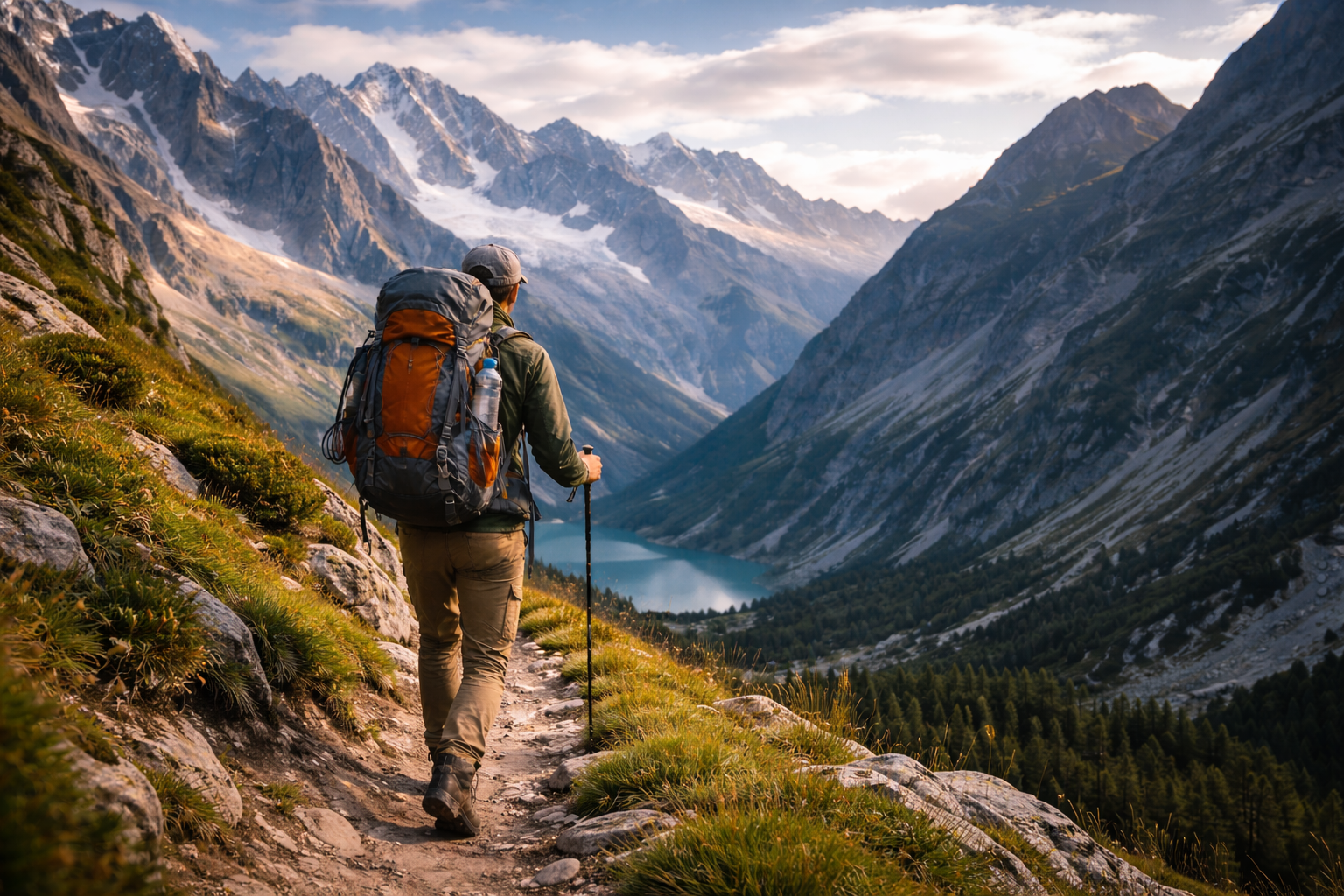 trekker com mochila em trilho de montanha