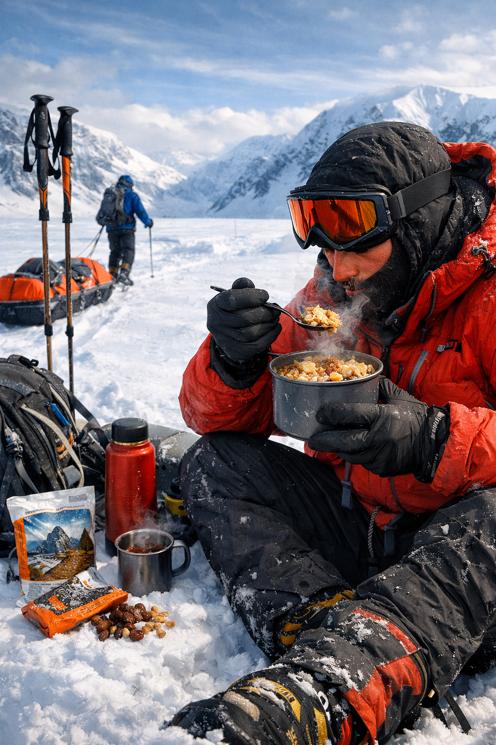 Setup completo de trekking com mochila, fogão e refeição liofilizada