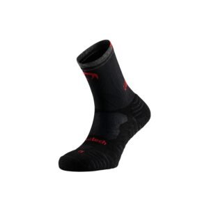 Tundra Pro Five Compression Alta-Montanha Meias Lurbel Tundra Pro Five Compression para ultra trail com compressão e lã merino em preto e vermelho
