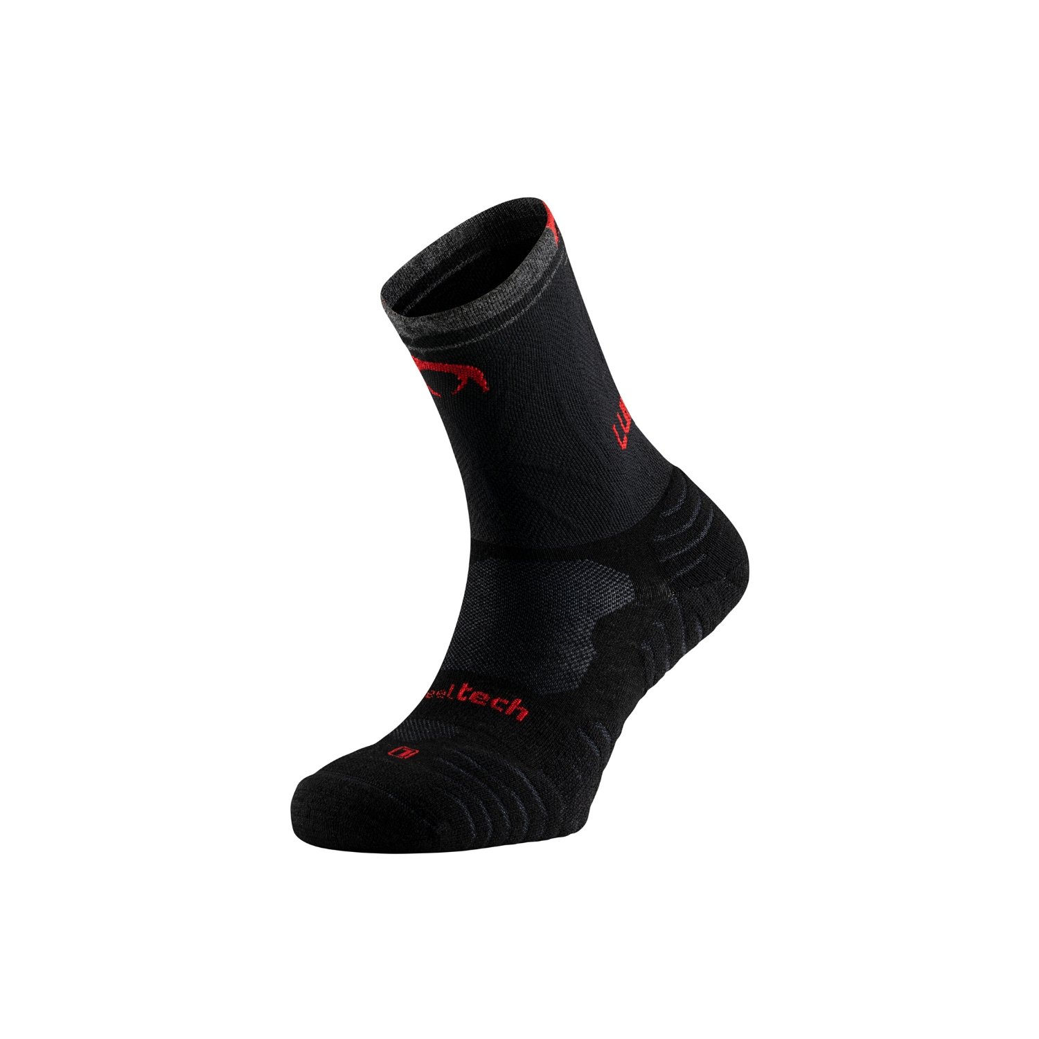 Tundra Pro Five Compression Alta-Montanha Meias Lurbel Tundra Pro Five Compression para ultra trail com compressão e lã merino em preto e vermelho